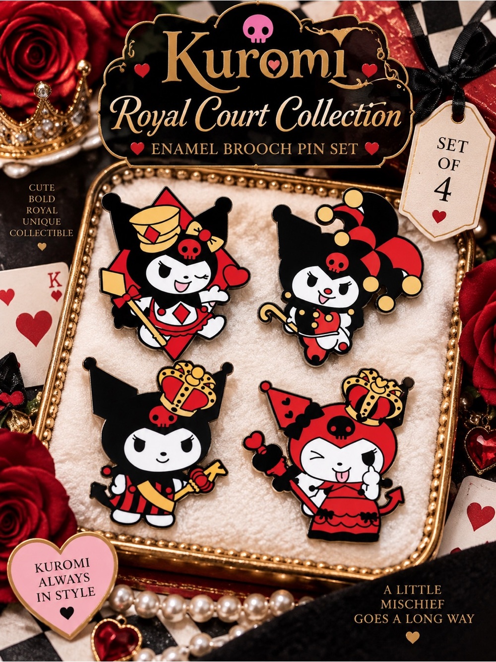 Kuromi Royal Court Enamel Pin Set of 4 Queen Jester Crown Gothic.